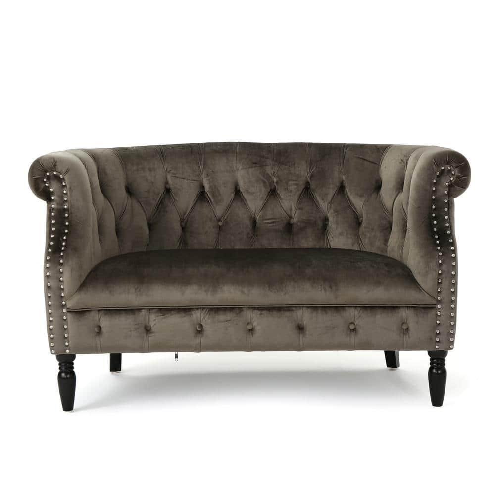 Milani 52 in. Gray/Dark Brown Velvet 2-Seat Loveseat with Nailhead Trim