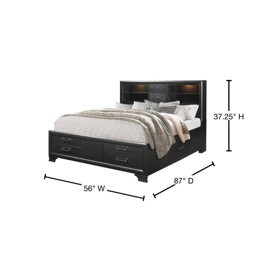 Grey Rubberwood Bed with bookshelves Headboard  LED lightning  6 Drawers