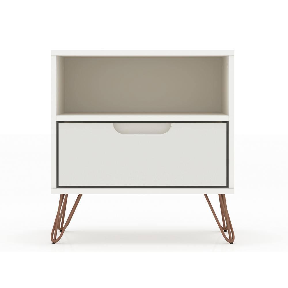 Set of 2 Rockefeller 1 Drawer Nightstands Off White - Manhattan Comfort: Mid-century Design, Metal Legs, Concealed Storage