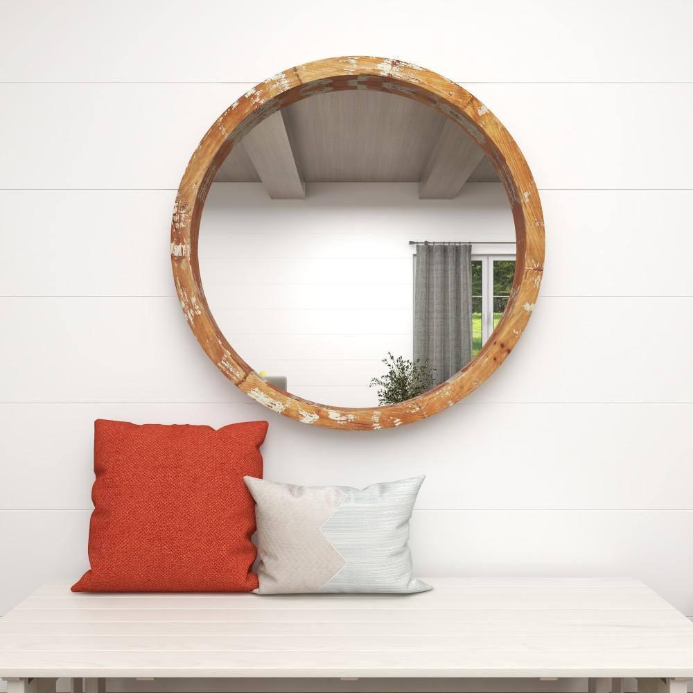 Olivia & May Vintage Wall Mirror Brown: Round Wood Frame, No Assembly, Spot Clean, 39.5" Diameter