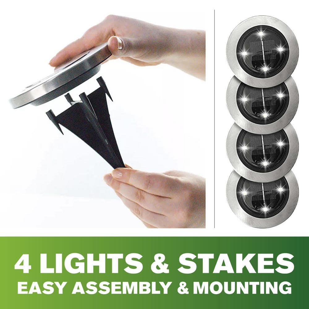 Bell + Howell Disk Lights Bronze – Heavy Duty Outdoor Solar Pathway Lights – 4 LED, Auto On/Off, Water Resistant, with Included Stakes, for Garden, Yard, Patio and Lawn, 4 Pack