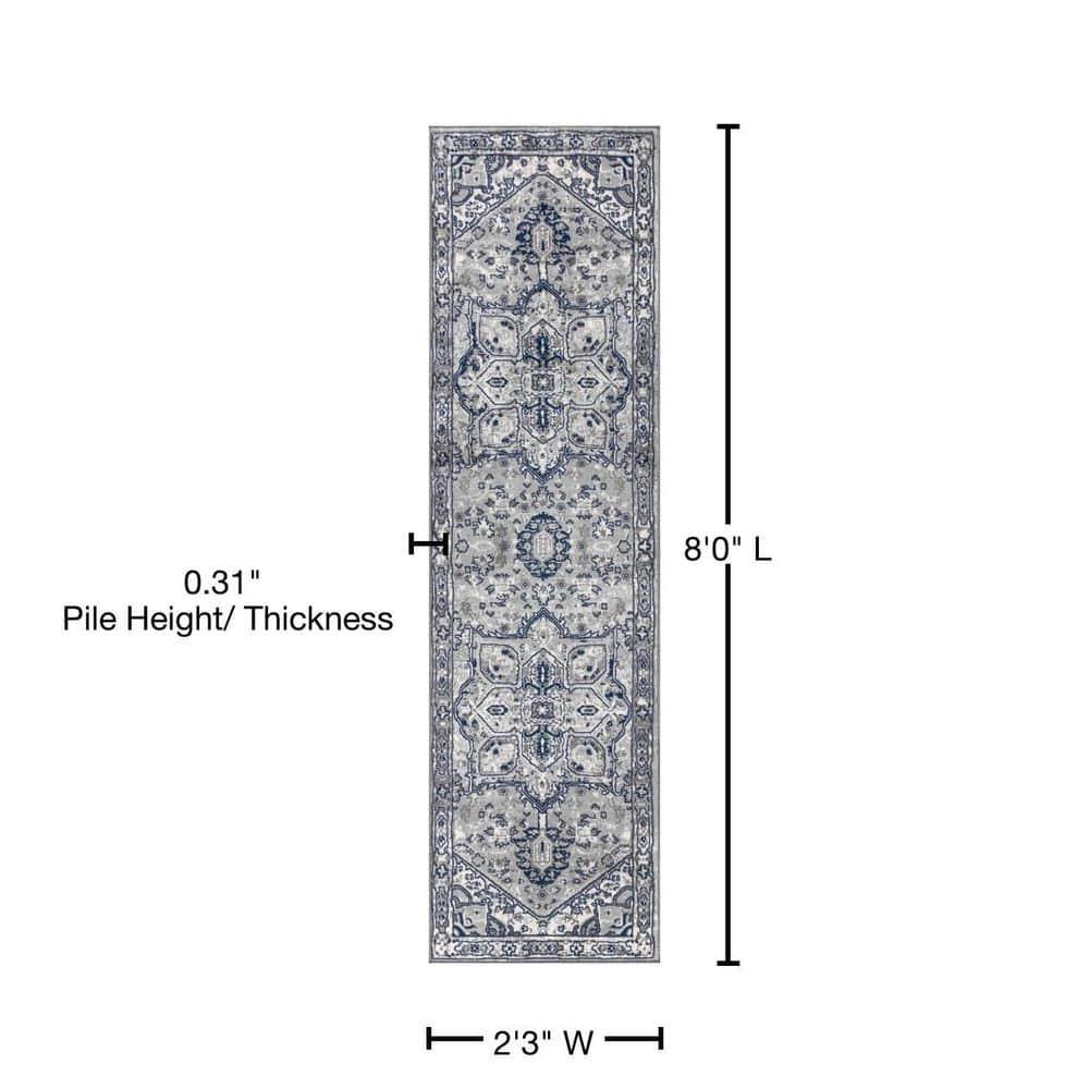 2'x8' Modern Persian Vintage Medallion Runner Rug, Light Grey/Navy - JONATHAN Y
