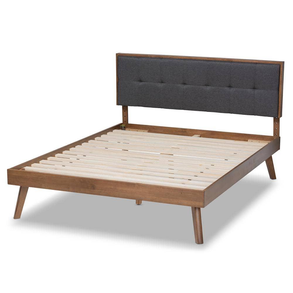 Full Alke Fabric Upholstered Platform Bed with Headboard Dark Gray/Walnut - Baxton Studio: Chic Retro Design, No Box Spring Required