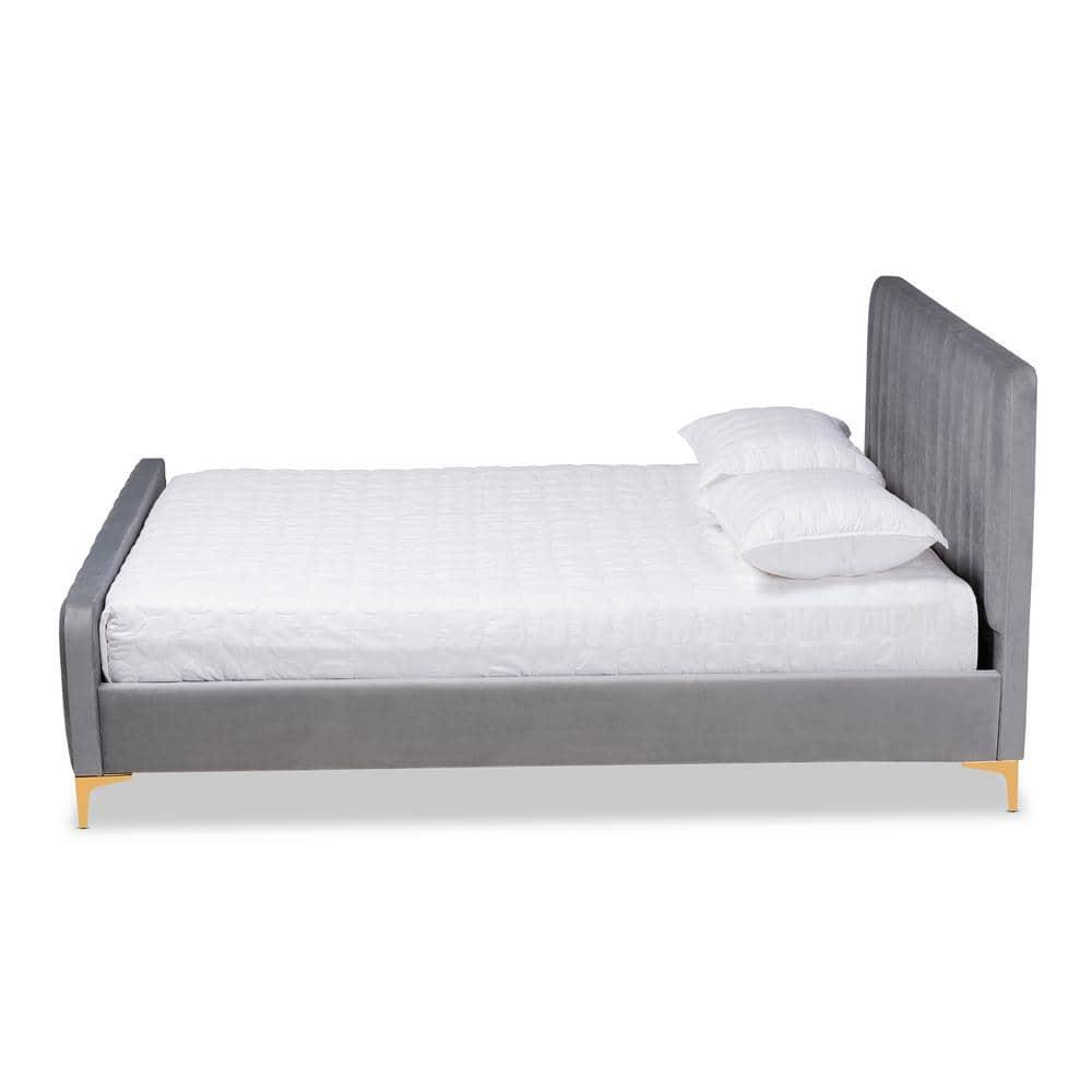 King Nami Velvet Platform Bed Light Gray/Gold - Baxton Studio