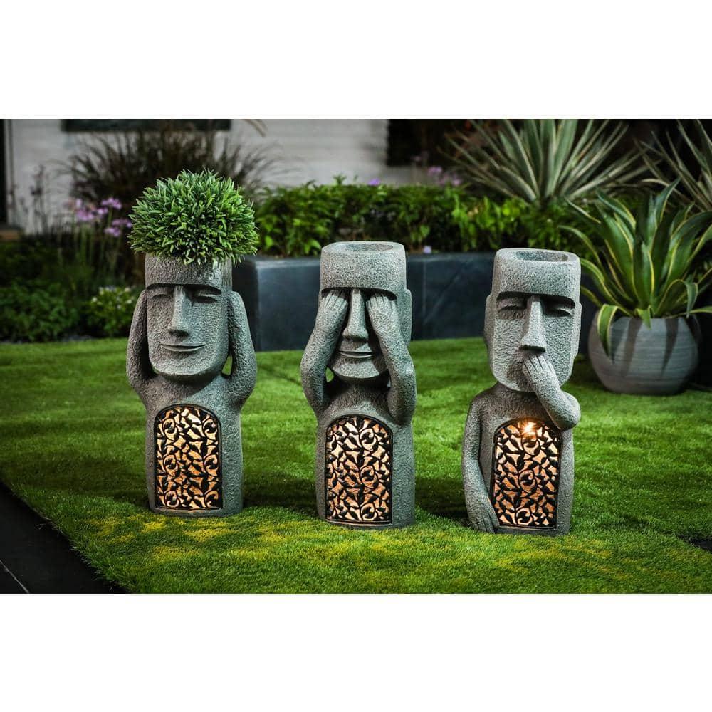 LuxenHome Gray MgO Set of 3 Garden Easter Island Solar Statues