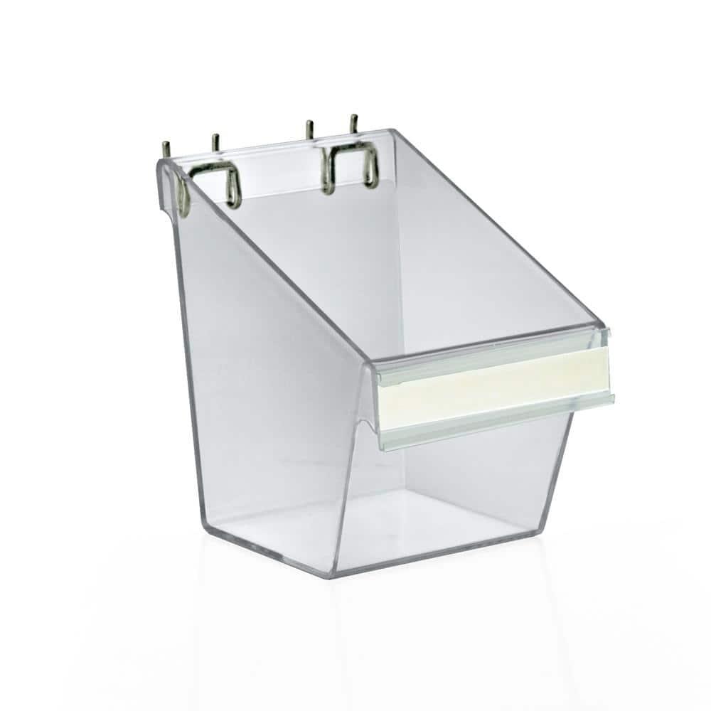 Azar Displays Small Clear Plastic Molded Bucket, Storage Container Bin for Pegboard, Slatwall, or Counter with Label Holder on Front and 2 Metal U-Hooks, Size: 5.25"W x 6.25"D x 6.875"H, 4-Pack (Set of 4)