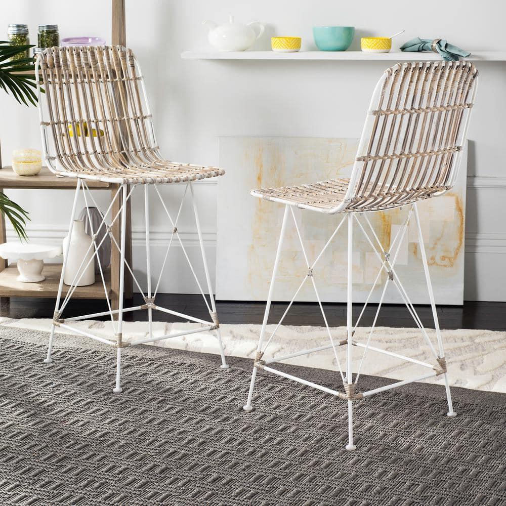 Minerva Wicker Counter Stool (Set of 2) - WIK6509 - White/White - Safavieh