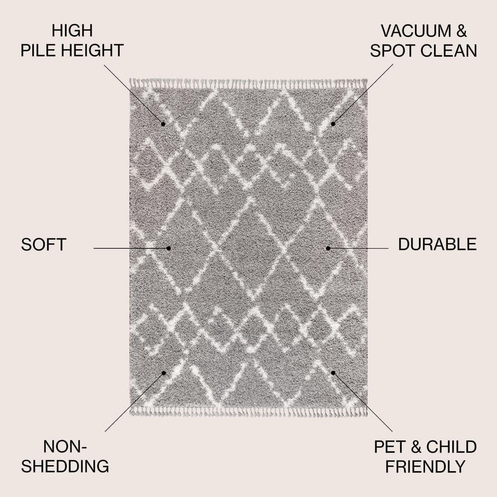 3'x5' Mercer Shag Plush Tassel Moroccan Geometric Trellis Area Rug, Grey/Cream - JONATHAN Y