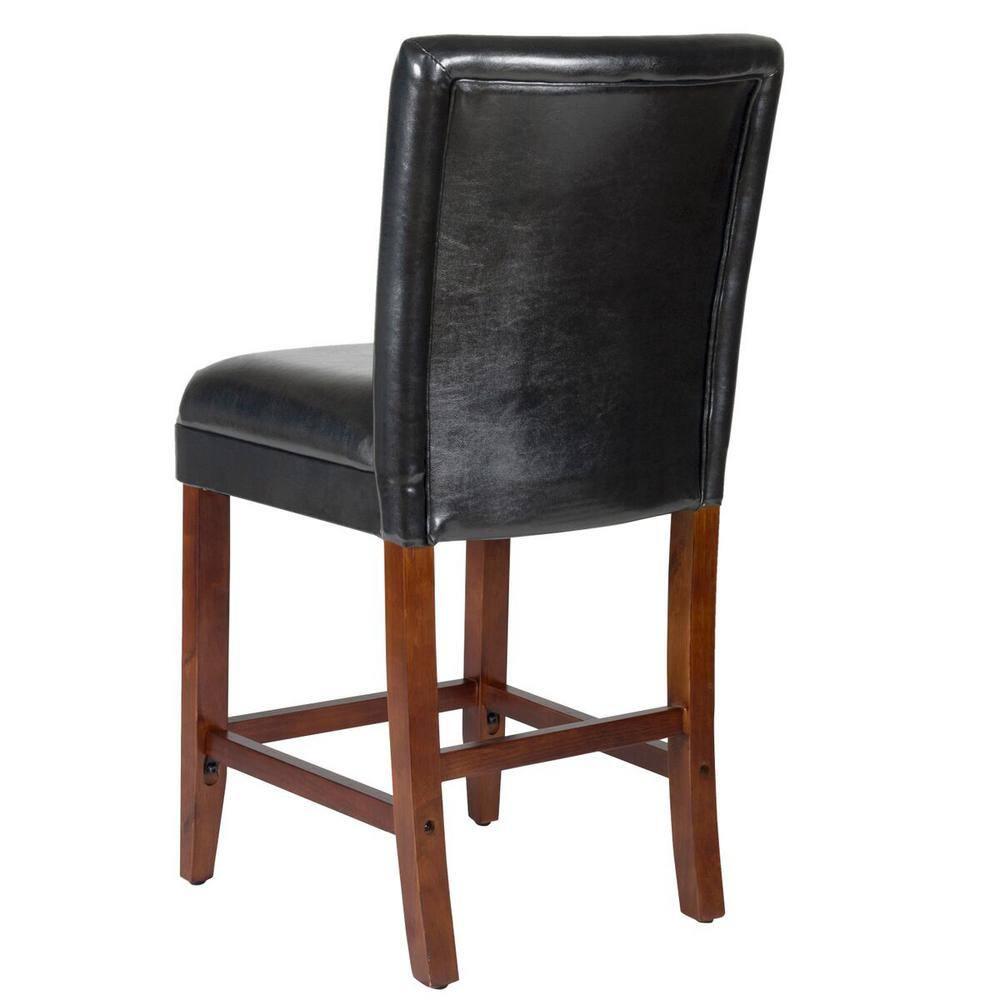 24" Faux Leather Luxury Counter Height Barstool Black - HomePop: Rubberwood Legs, Padded Back