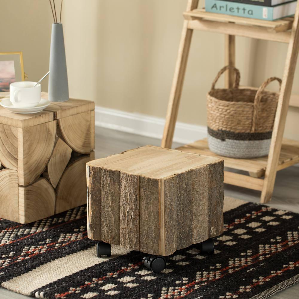 Vintiquewise Accent Decorative Natural Wooden Square Stump Stool, with Wheels for Indoor and Outdoor