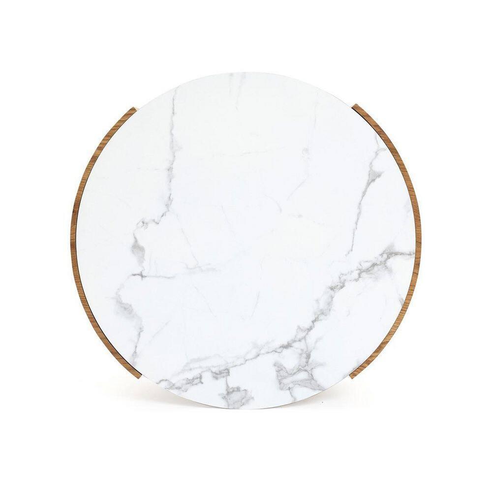 LuxenHome Natural Finish Manufactured Wood 23.6-Inch Round Coffee Table with Faux Marble Top Brown