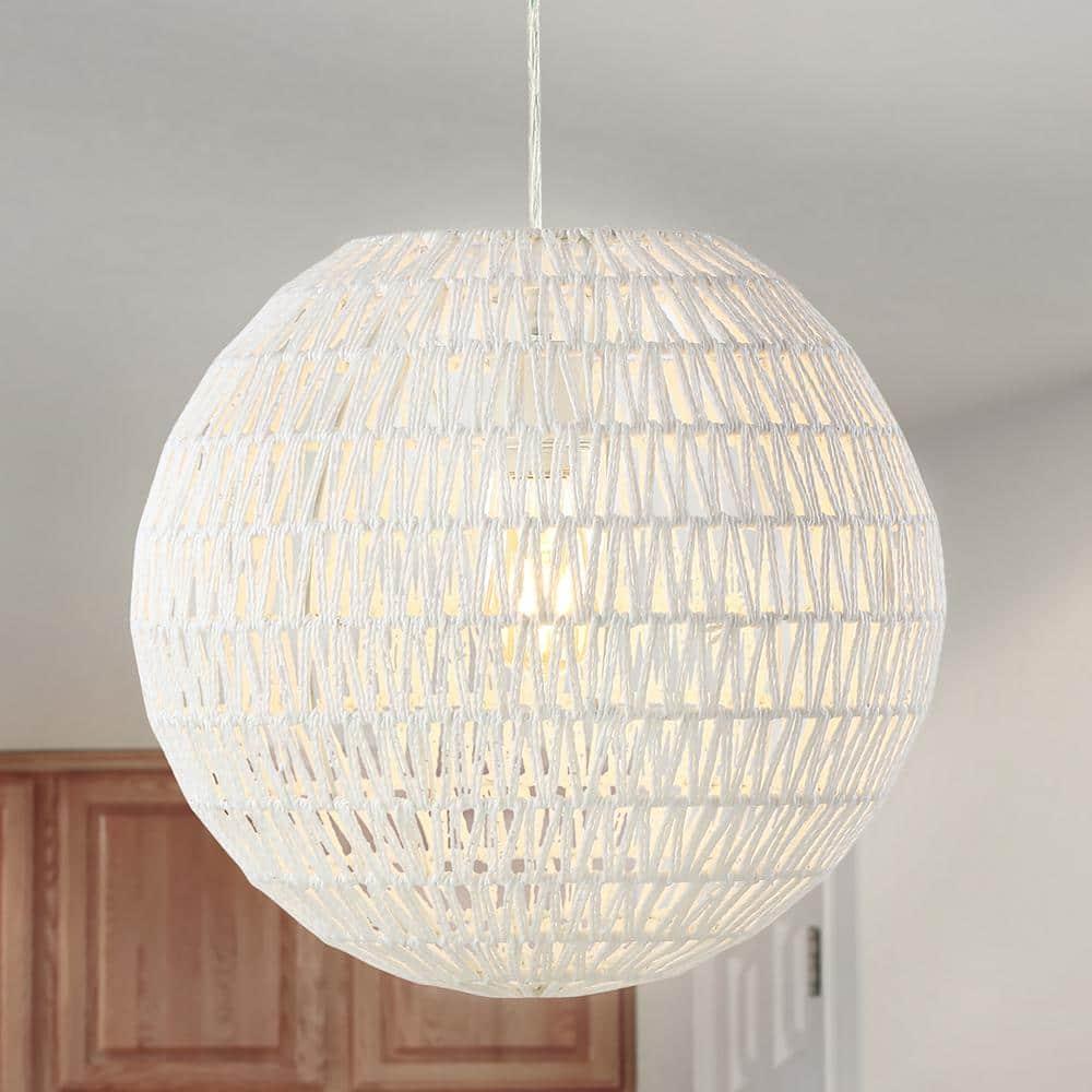 Luna 15.75" 1-Light Bohemian Modern Woven Rattan/Iron LED Pendant, White