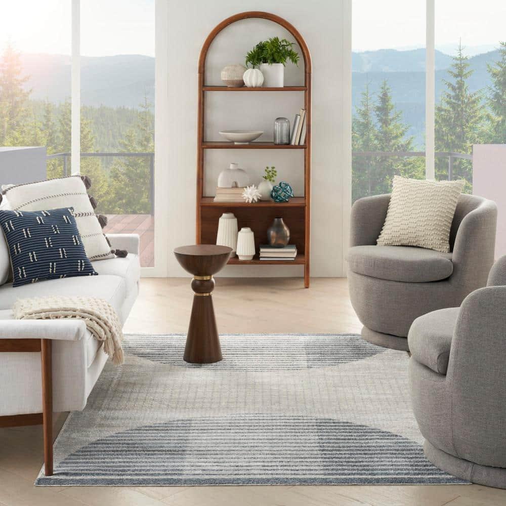 Nourison Astra Machine Washable Semi Circles Mid-Century Modern Indoor Rug Ivory Blue 4' x 6'