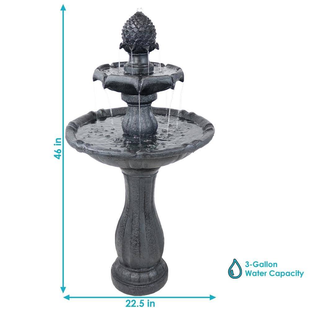 Sunnydaze Outdoor 2-Tier Solar Powered Pineapple Top Water Fountain with Battery Backup and Submersible Pump - 46" - Black
