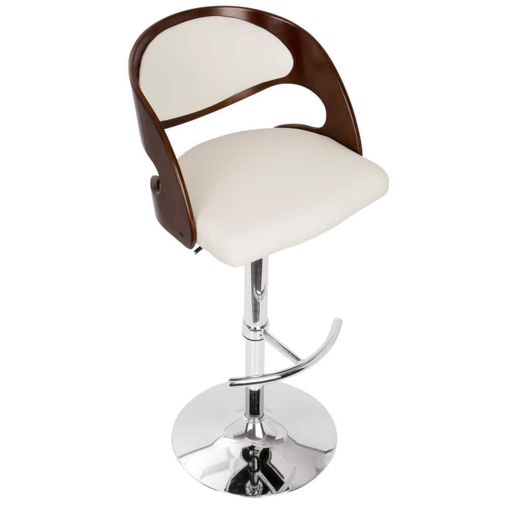 Pino Mid-Century Modern Adjustable Barstool with Swivel in Mahogany and White Faux Leather by LumiSource