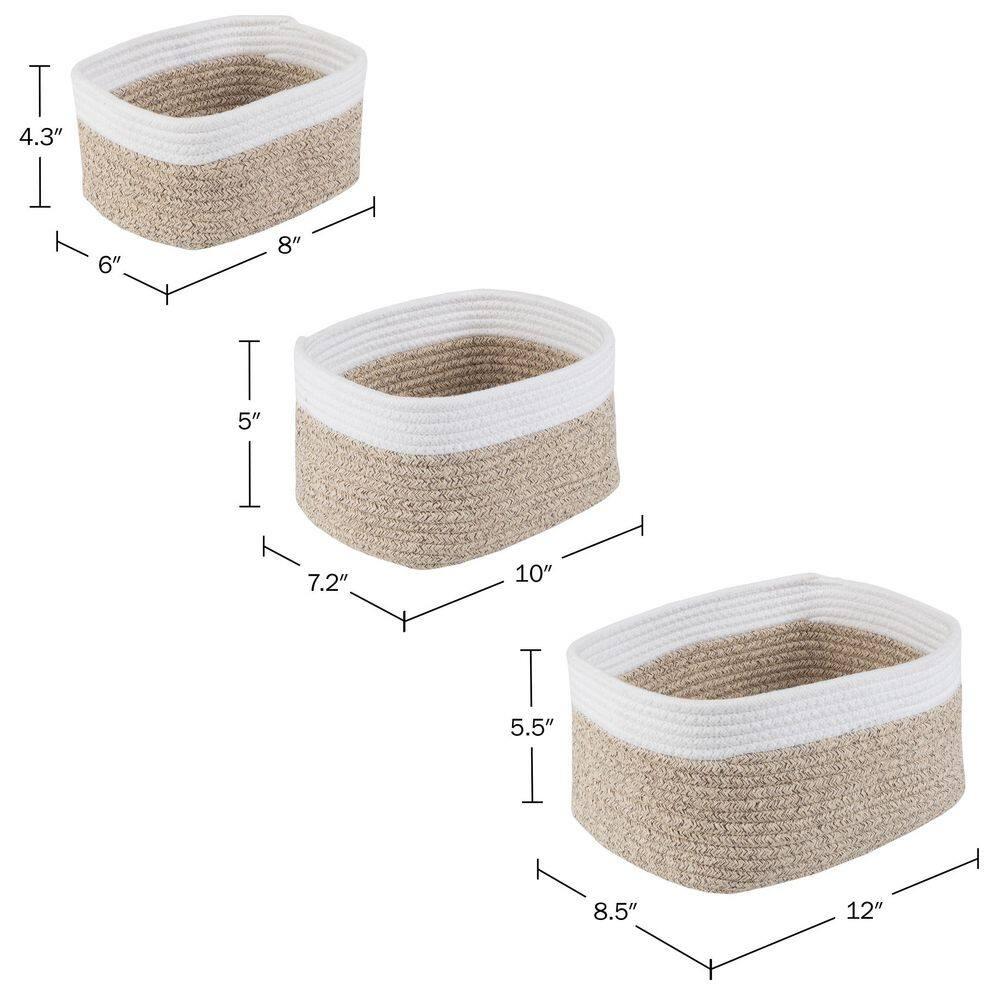 Home-Complete 3pc Storage Basket Set Natural: Cotton Square Decorative Bins for Shelves, Hand Wash, 12"x8.5"x5.5"