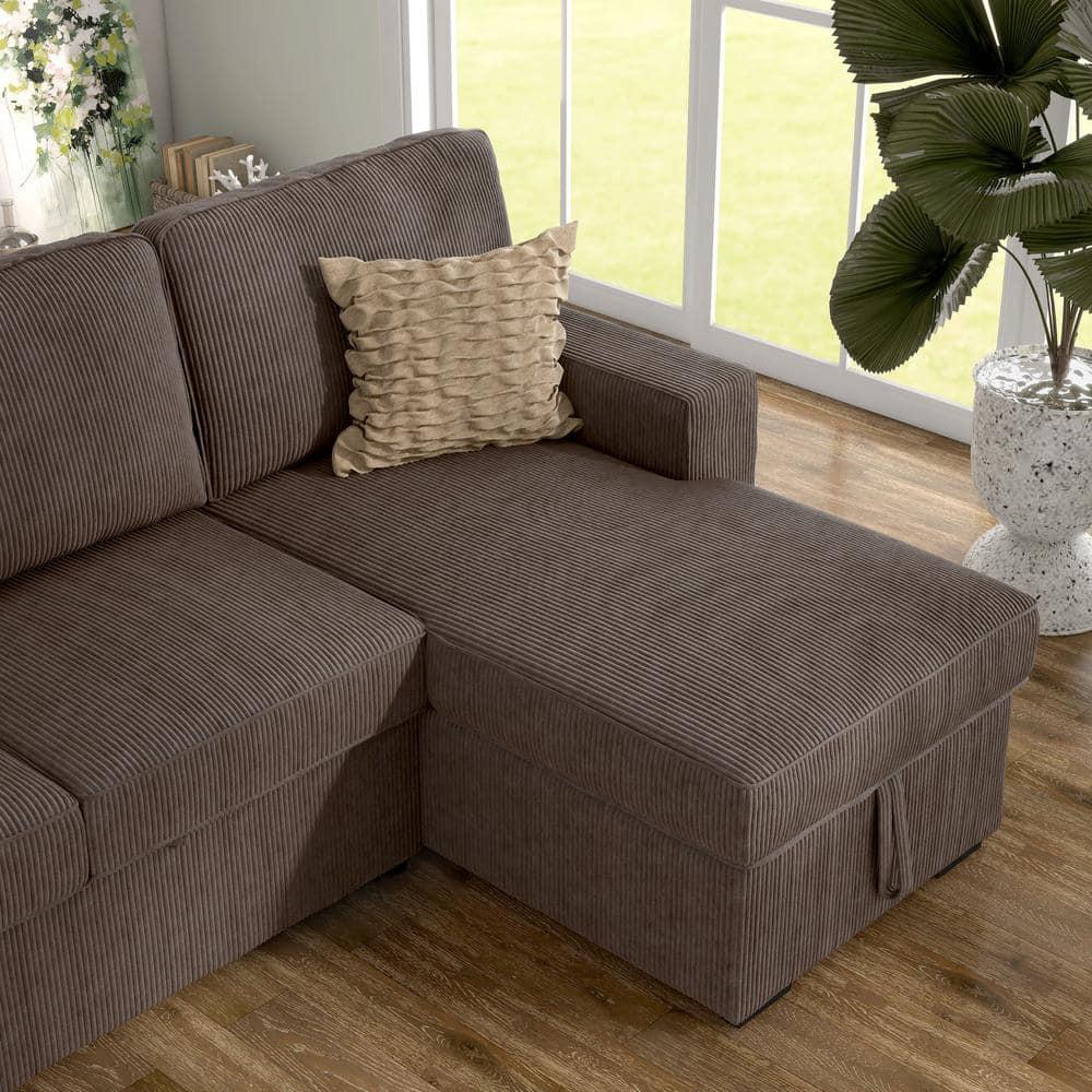 HOMES: Inside + Out Paeke Sleeper Sectional Sofa Corduroy with Storage Chaise and Reversible Brown