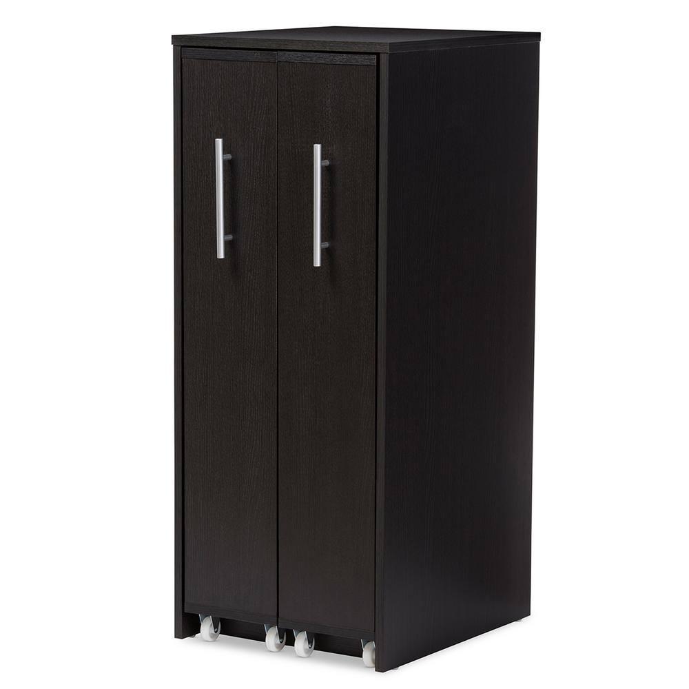 Baxton Studio Lindo Wood Bookcase with Two Pulled-out Doors Shelving Cabinet - Dark Brown: Media Storage, 10 Shelves, 54.25" Height