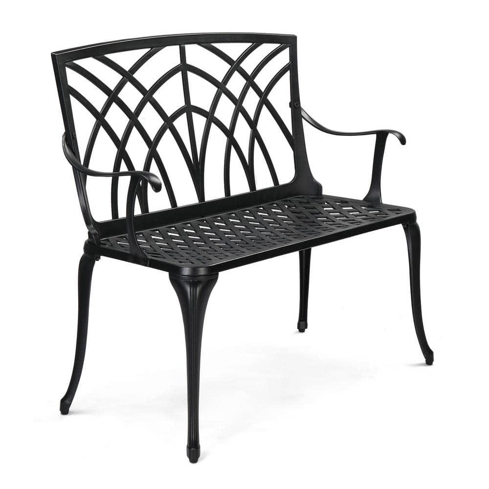 VINGLI 38" Outdoor Garden Orchid Bench, Black Cast Iron Cast Aluminium Solid Frame，Accented Yard Front Porch Patio Outside Park Decor Deck Furniture for 1-2 Person Seat