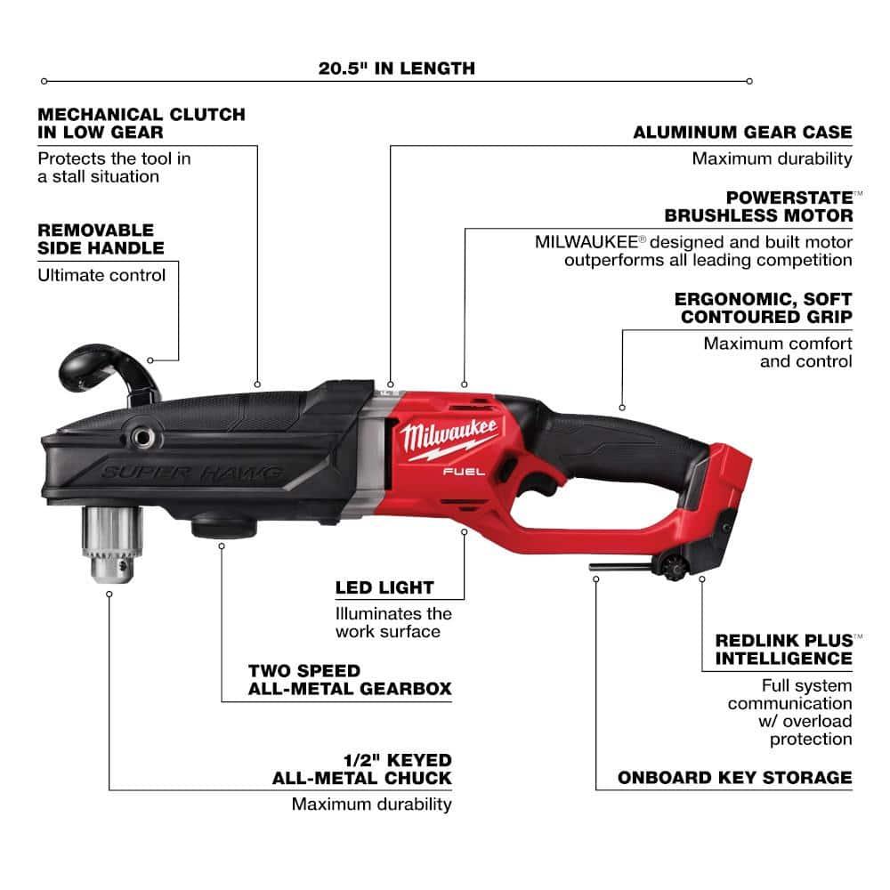 Milwaukee 2809-20 M18 FUEL 18-Volt Lithium-Ion Brushless Cordless GEN 2 Super Hawg 1/2 in. Right Angle Drill (Tool-Only)