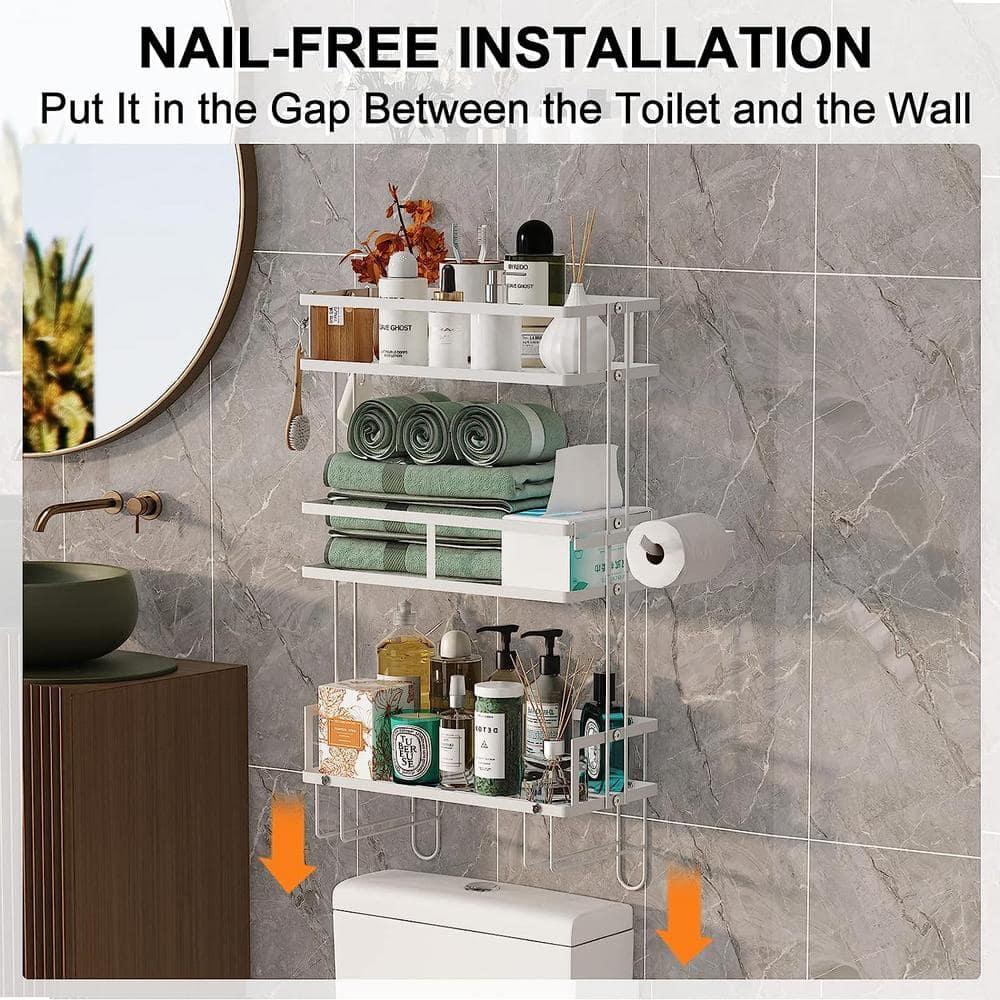 Over Toilet Bathroom Organizer,Over The Toilet Storage Shelf, Toilet Shelf with Toilet Paper Holder,Bathroom Shelf Over Toilet,3 Tier Toilet Storage Rack White Metal