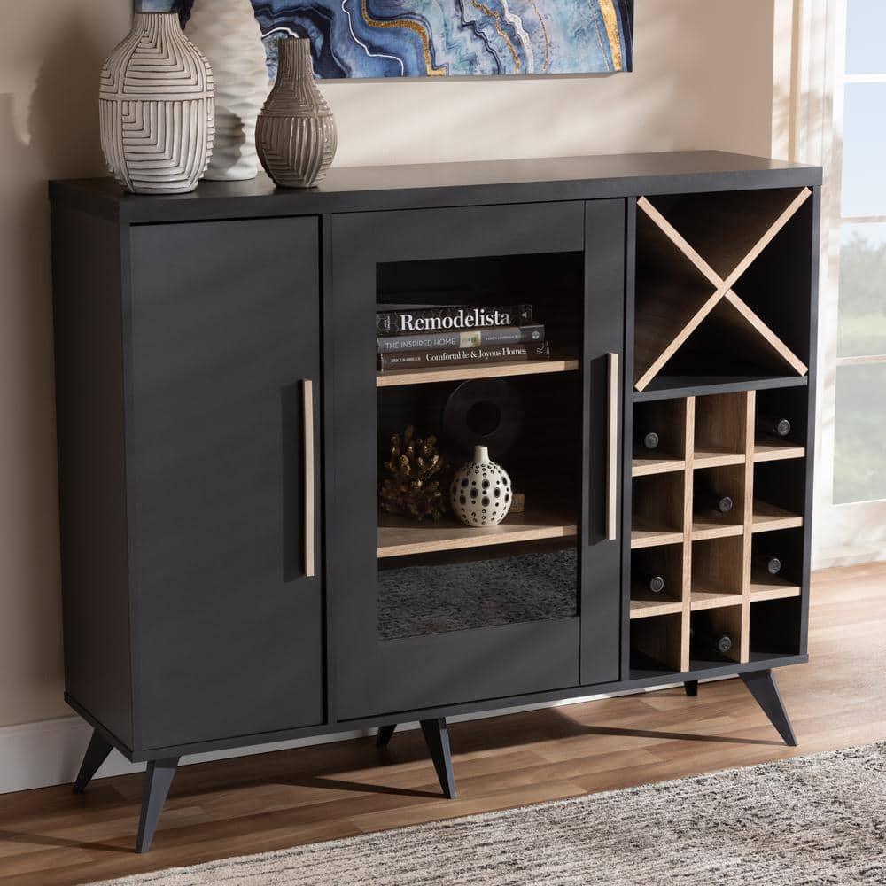 Baxton Studio Pietro Mid-Century Modern Dark Grey and Oak Finished Wine Cabinet