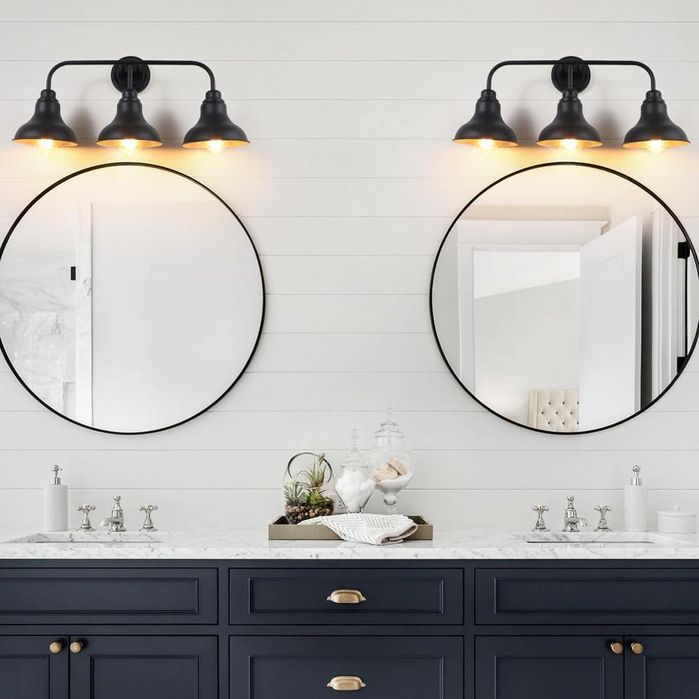 Farmhouse 25.25 in. 3-Light Black Vanity Light with Black Metal Shades