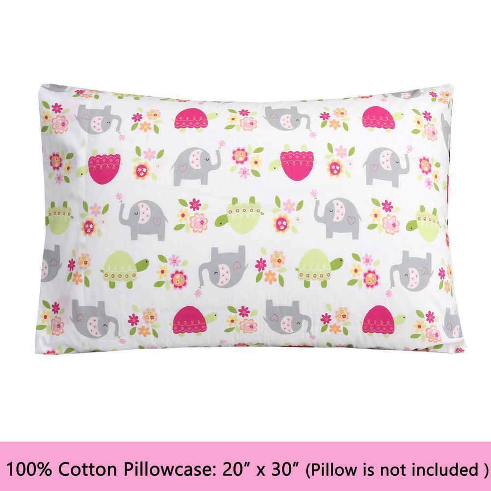 Sweet Floral Friends Baby Elephant Turtle 3 Piece White Pink Grey Cotton Toddler Sheet Set