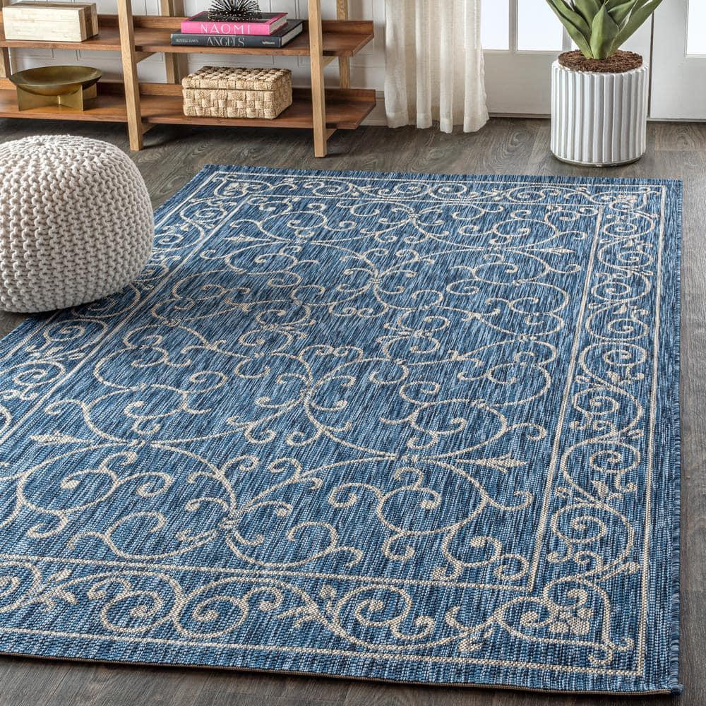 9' X 12' Charleston Vintage Filigree Textured Weave Indoor/Outdoor Area Rug, Navy/Gray - JONATHAN Y