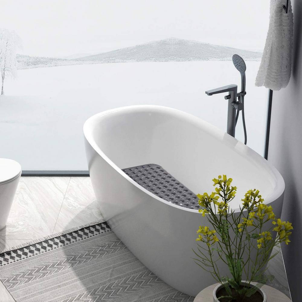 YINENN Bath and Shower Safety Mats 40x16 inch, Non Slip with Suction Cups for Bathroom Stall and Tub Floor, Extra Large and Machine Washable, Drain Holes Keep Bathtub Clean, Clear Light Black