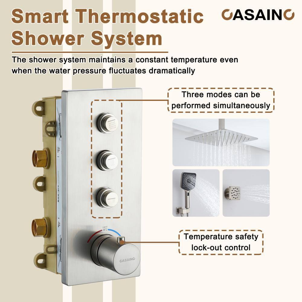 CASAINC 12'' Ceiling Mounted Square Shower System with Handheld Sprayer & 6 Body Jets, Brushed Nickel