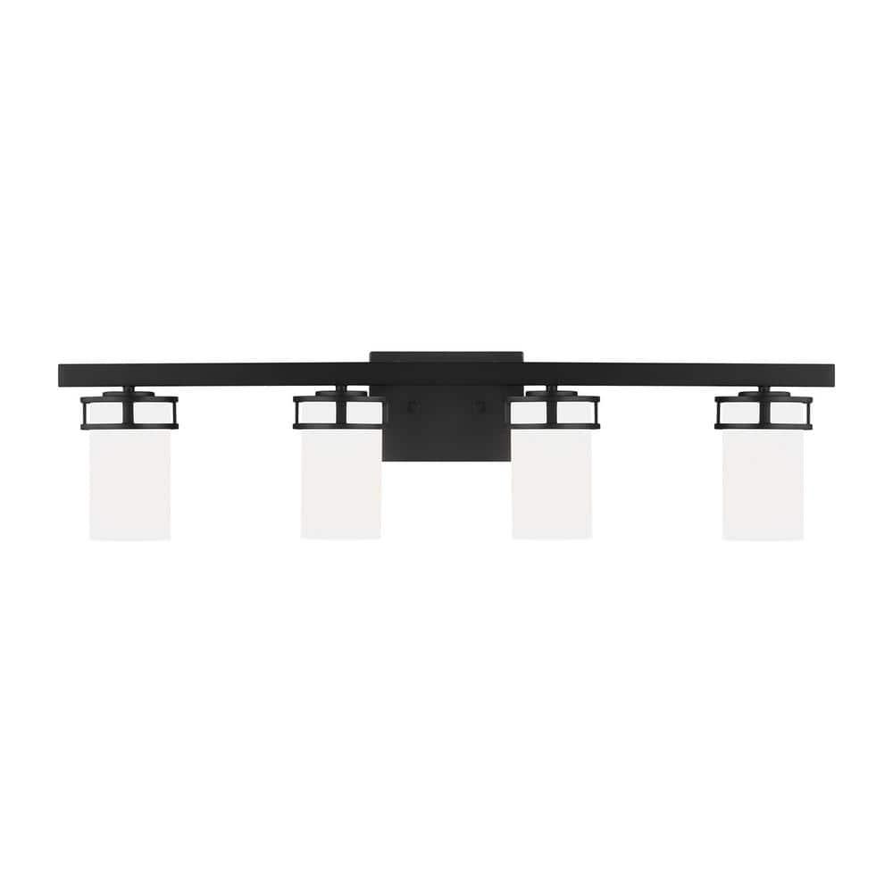 Robie 34 in. 4-Light Matte Black Transitional Rustic Wall Bathroom Vanity Light with Etched White Glass Shades