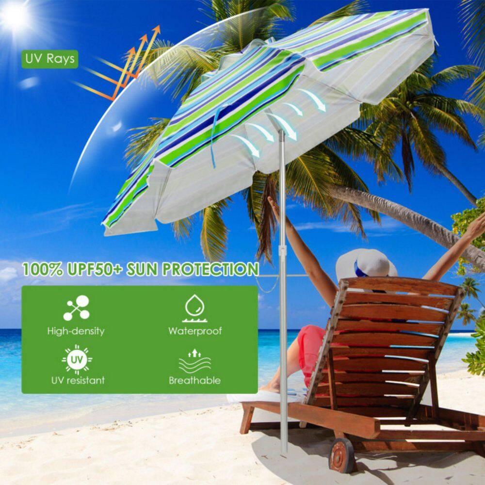 Tangkula 6.5Ft Beach Umbrella w/ Tilt Mechanism Sand Anchor Carrying Bag Blue + Green