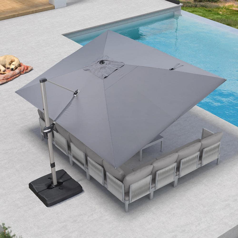 PURPLE LEAF 10' X 13' Patio Umbrella, Rectangle Outdoor Cantilever Umbrella, Aluminum Offset Umbrella with Champagne Frame and 360° Rotation for Pool Deck Garden, Light Grey