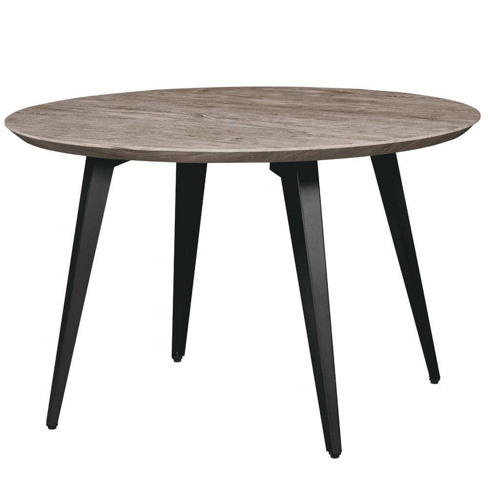 LeisureMod Ravenna Modern Round Wood 47" Dining Table with Metal Legs - Sleek Design, Perfect for Dining Rooms, Weathered Oak