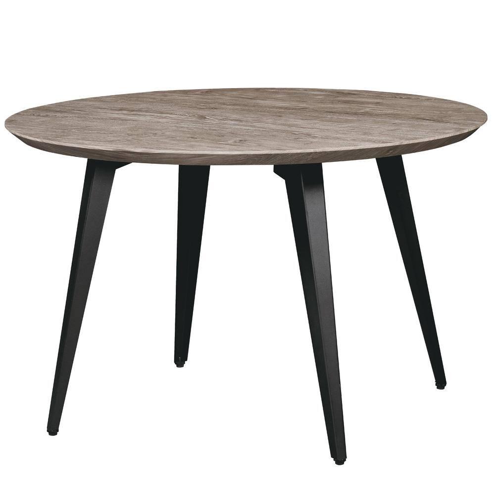LeisureMod Ravenna Modern Round Wood 47" Dining Table with Metal Legs - Sleek Design, Perfect for Dining Rooms, Weathered Oak