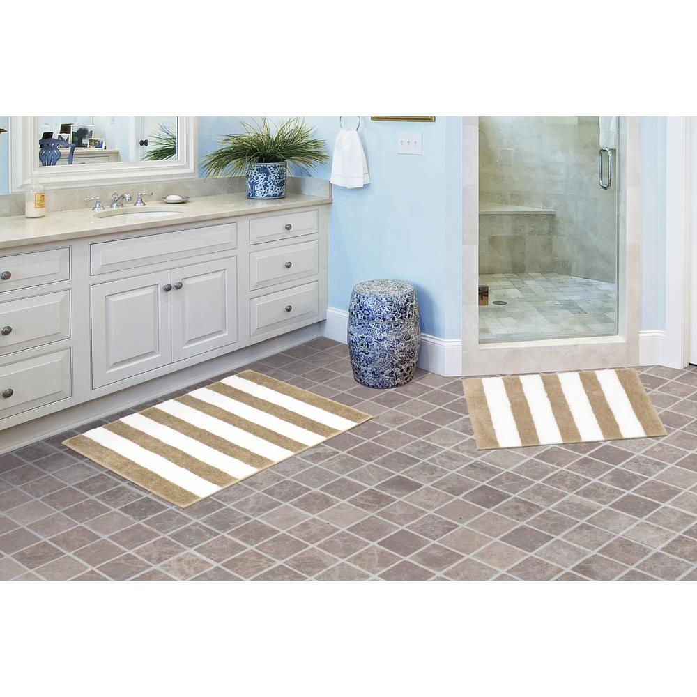 Garland Rug Beach Stripe Washable Bath Rug Set, 2 Piece Set (17"x24" Bath Rug, & 21"x34" Bath Rug) Tan/White