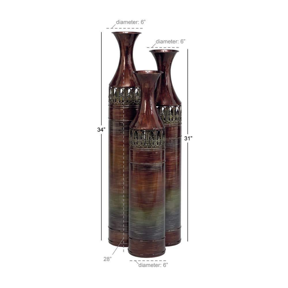 DecMode 34", 31", 28"H Tall Ombre Bronze Metal Vase with Laser Cut Antefix Design, Set of 3