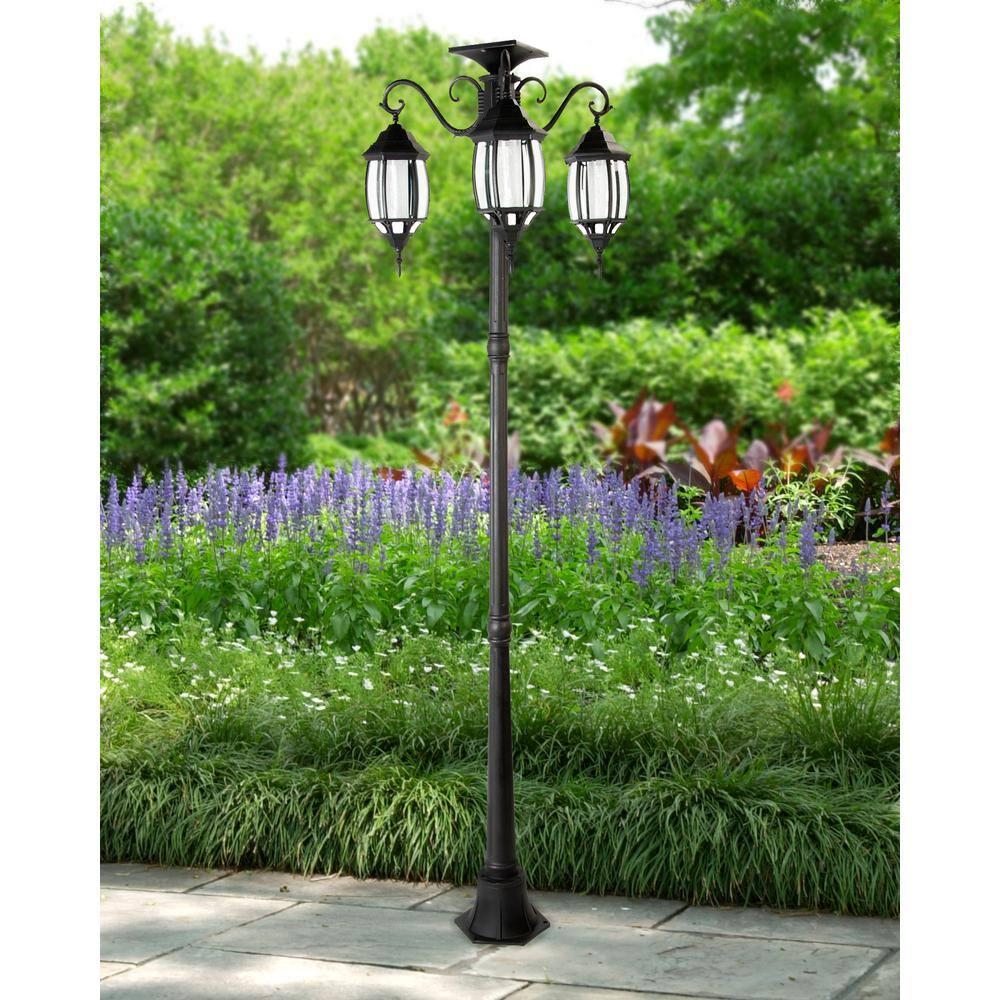 Madison 3-Light Black Integrated LED Solar Lamp Post and Planter