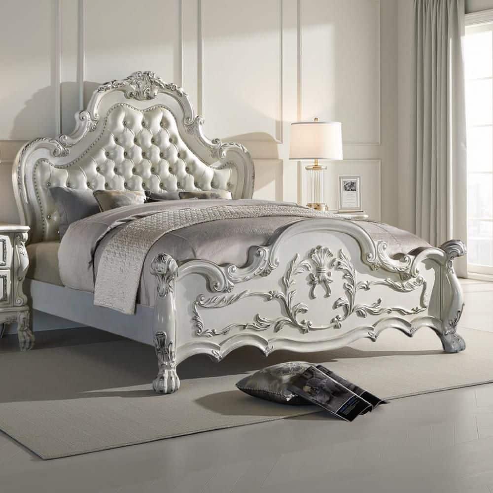 Benjara Ally Bed, Classical White Faux Leather Victorian Carved Wood