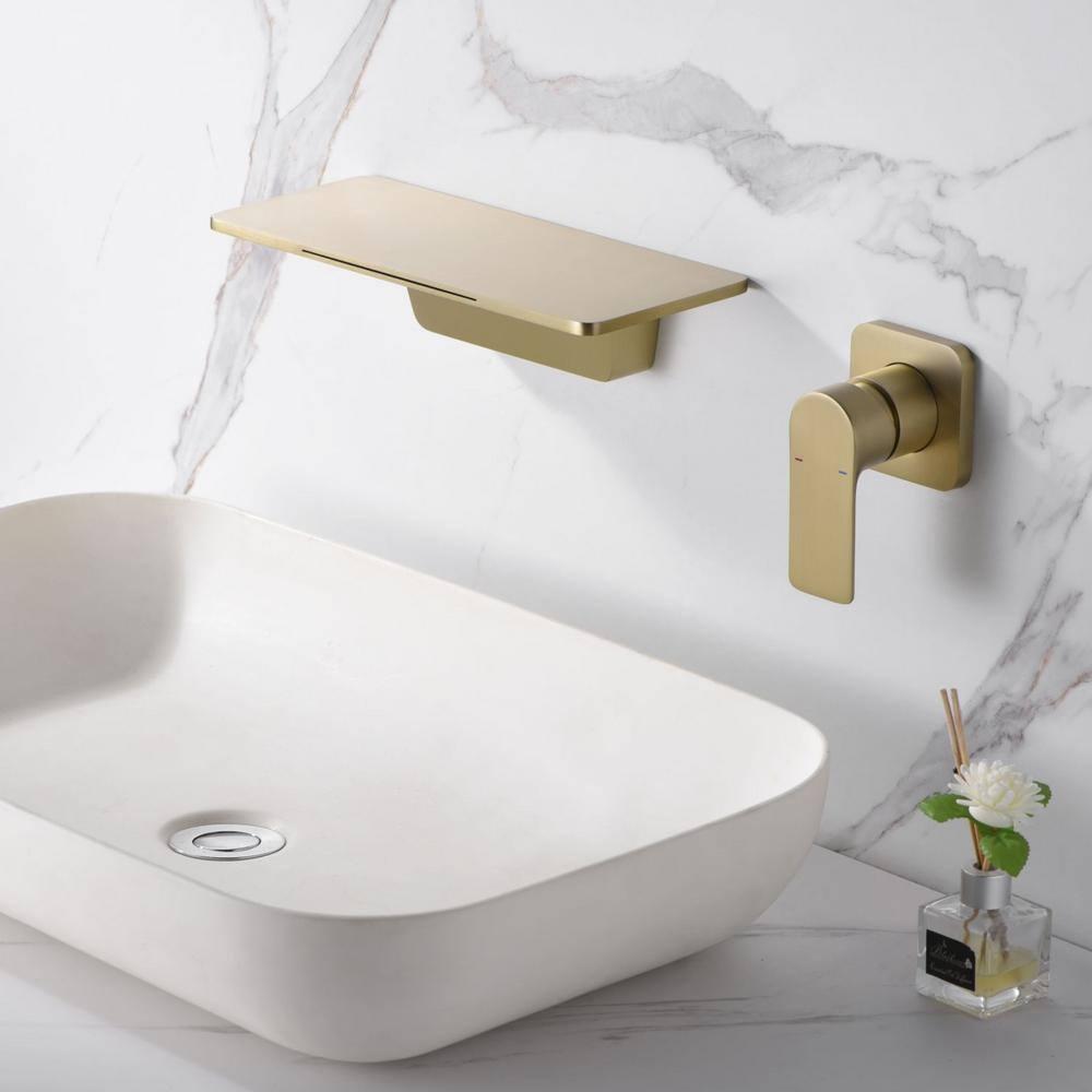 Bathroom Faucet Waterfall Bathroom Sink Faucet Brushed Gold Brass Basin Mixer Tap Single Handle Basin Tap Wall Mounted Lavatory Faucet with Cold and Hot Water