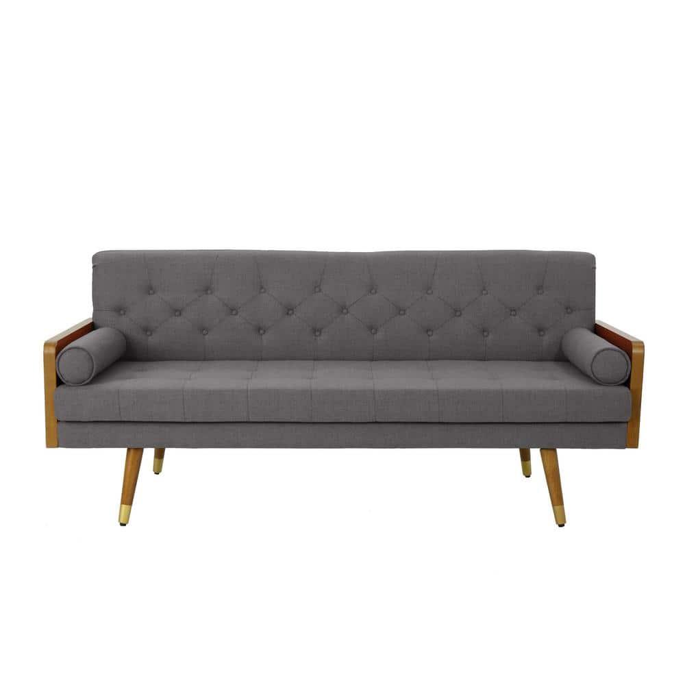 Noble House Nathanial Fabric Tufted Sofa, Grey, Dark Walnut