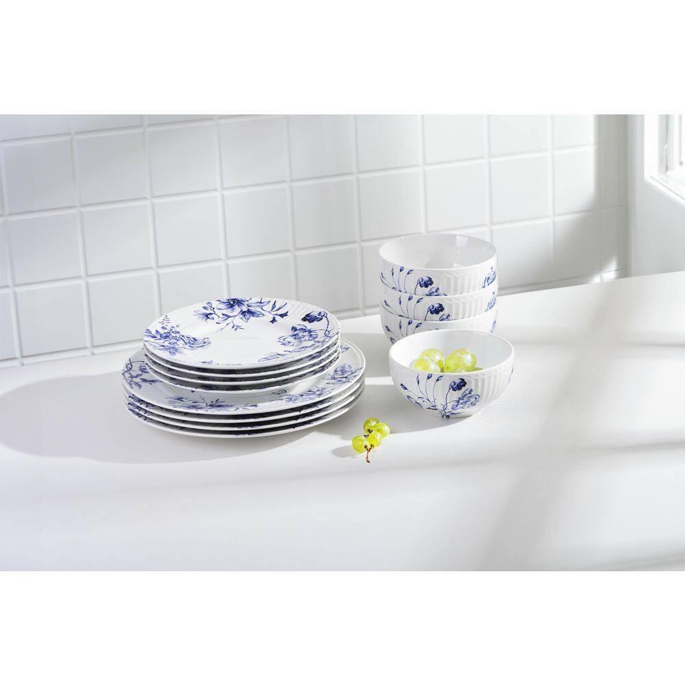 222 Fifth 222 Fifth Cassian Embossed Toile Blue Porcelain Dinnerware Set - Service For 4 (Set of 12)