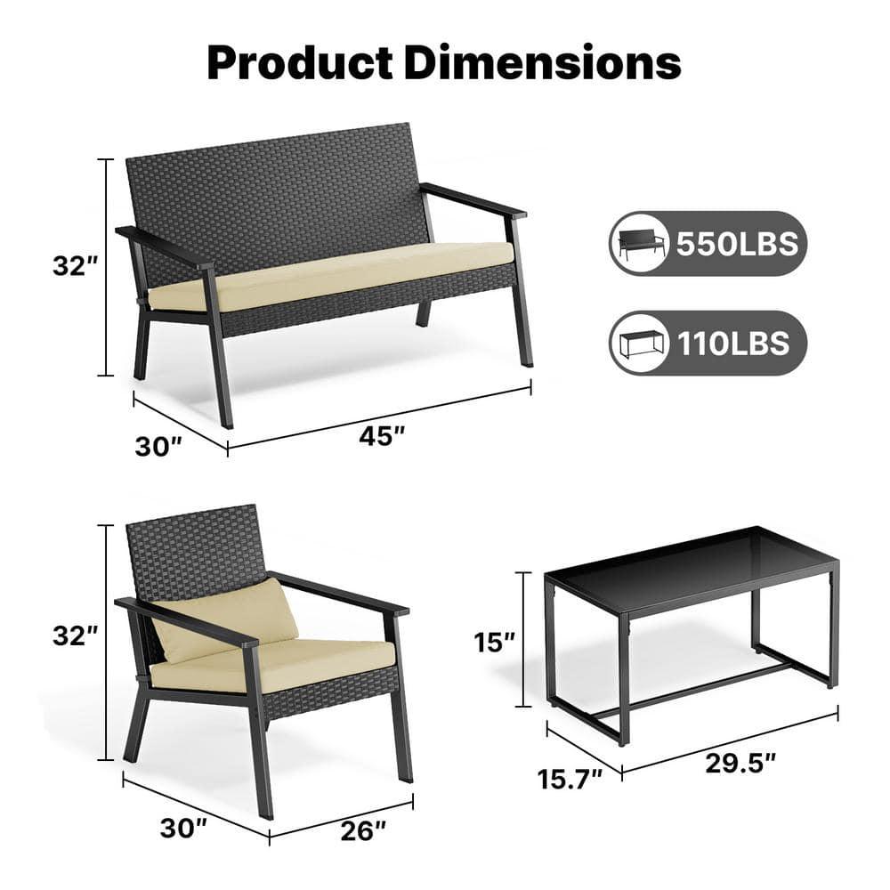 Patio Conversation Sets for 4, Lofka 4 Pieces Patio Furniture Sets with Rocking Bistro Fabric chairs, Garden Loveseat, Glass Coffee Table for Backyard, Poolside, Porch, Lawn, Black