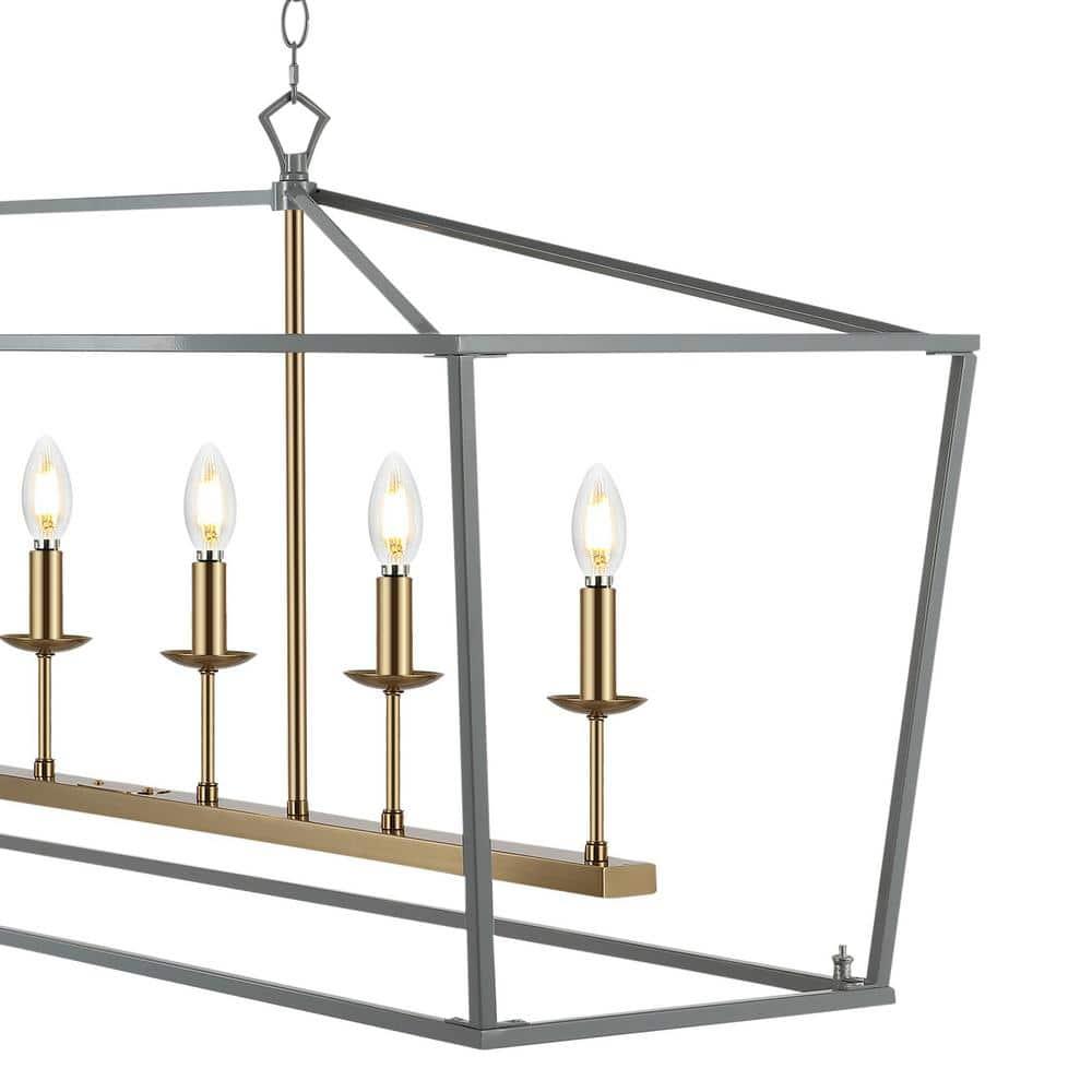 Pagoda 49" Linear 6-Bulb Classic Traditional Metal LED Pendant, Gray/Brass Gold