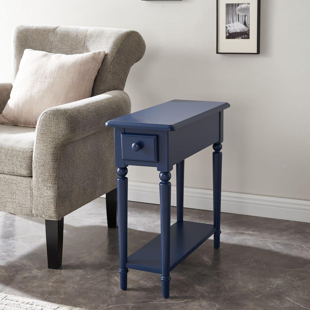 Leick Home 1-Drawer Solid Wood Coastal 10 in. Narrow End Table with Shelf, Navy Blue