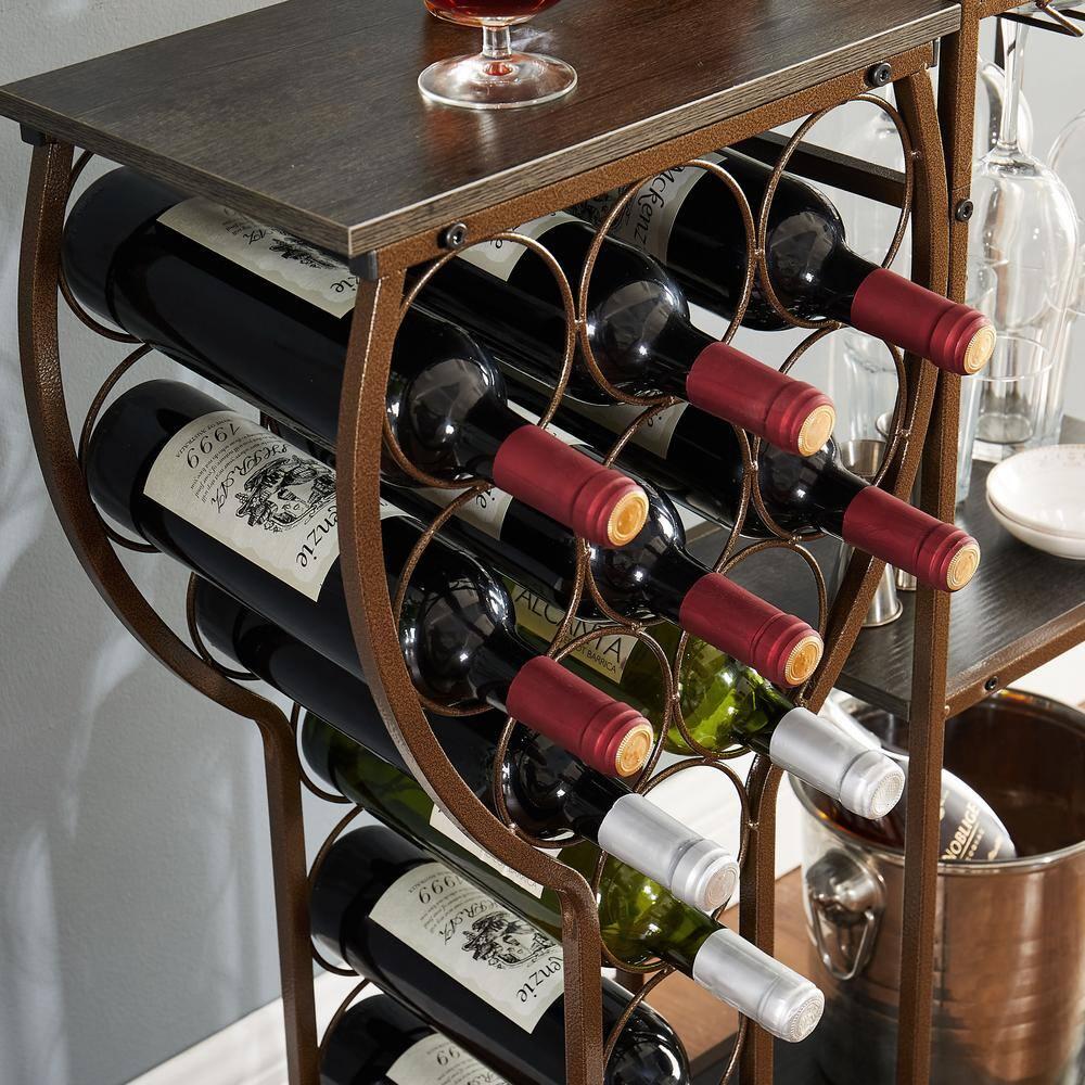 LoLado 11 Bottle Wine Bakers Rack, 5 Tier Freestanding Wine Rack with Hanging Wine Glass Holder and Storage Shelves, Wine Storage Home Bar for Liquor and Wine Storagefor Kitchen, Dining Room, Brown