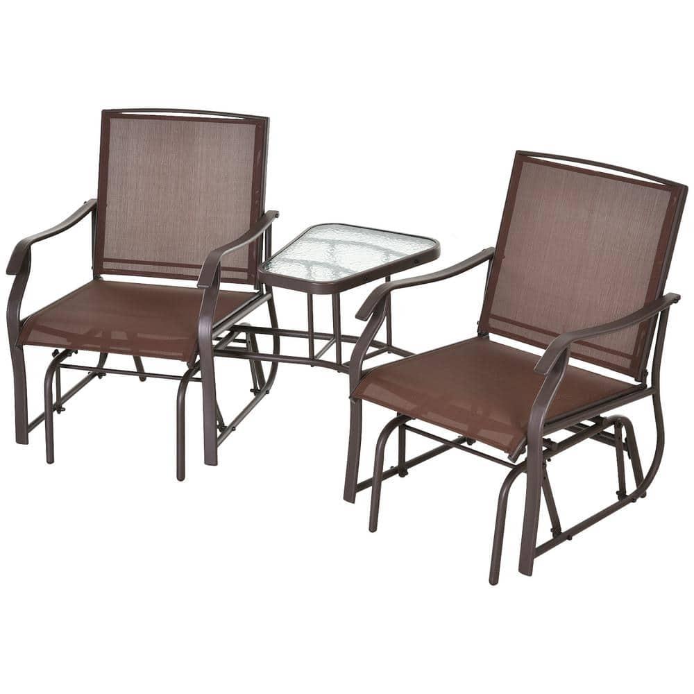 Outsunny Outdoor Glider Chairs with Coffee Table, Patio 2-Seat Rocking Chair Swing Loveseat with Breathable Sling, Coffee Brown