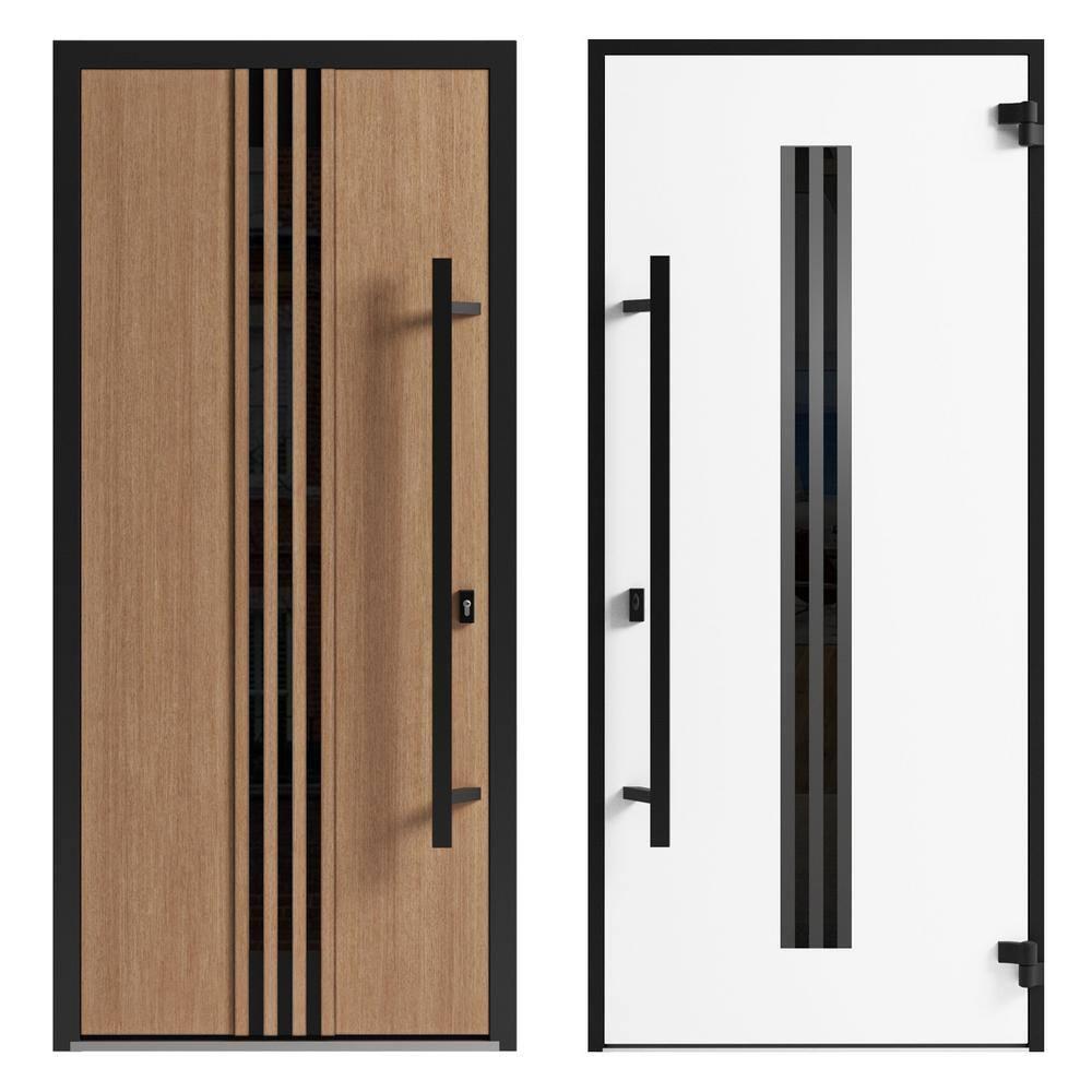 Front Exterior Prehung Steel Door / Ronex 1055 Teak / Top Exterior Window Sidelite / Entry Metal Modern Painted W36" x H80+16" Right hand Inswing