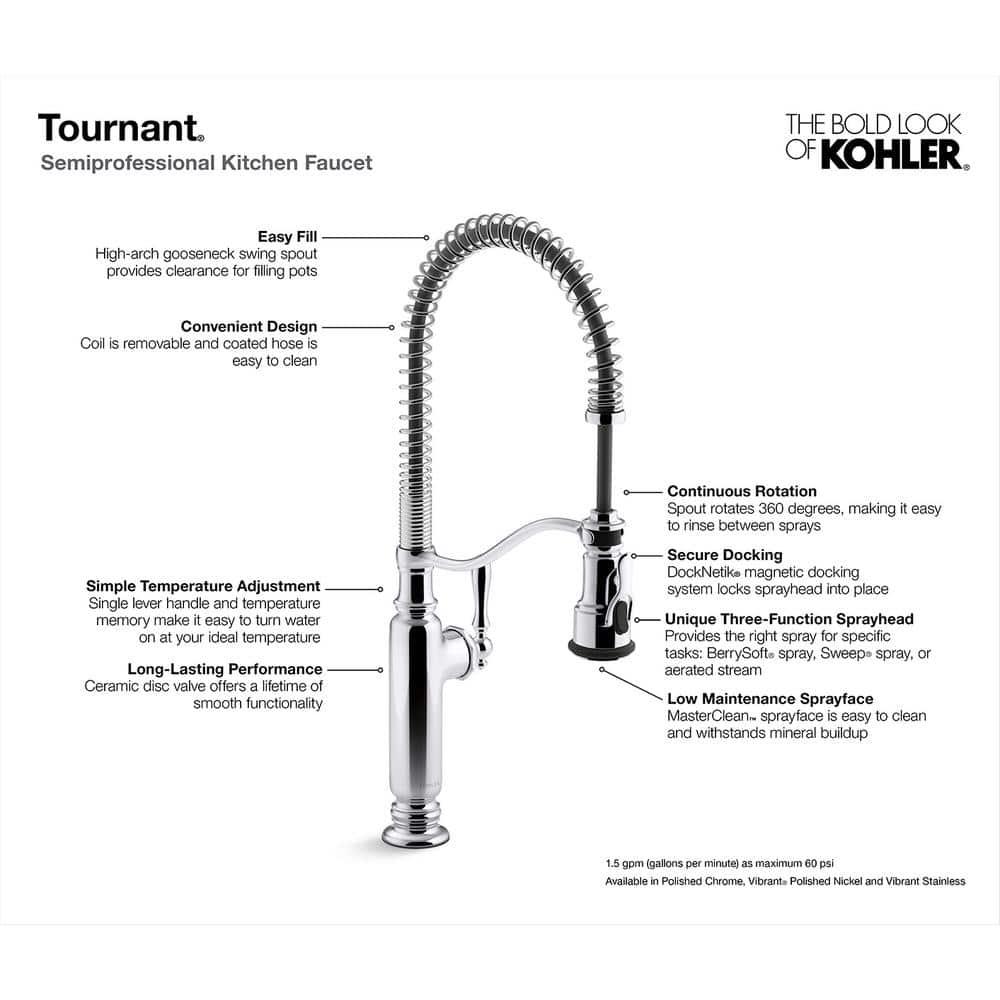 Kohler Tournant® Single Handle Semi-Professional Pre-Rinse Kitchen Faucet with Three-Function Pull Down Sprayer